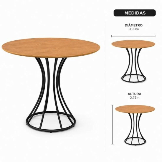 Conjunto Mesa Malta Redonda 90x90 Naturale Base �nix Preto Fosco + 4 Cadeiras Malta Bege - Tubo Minas