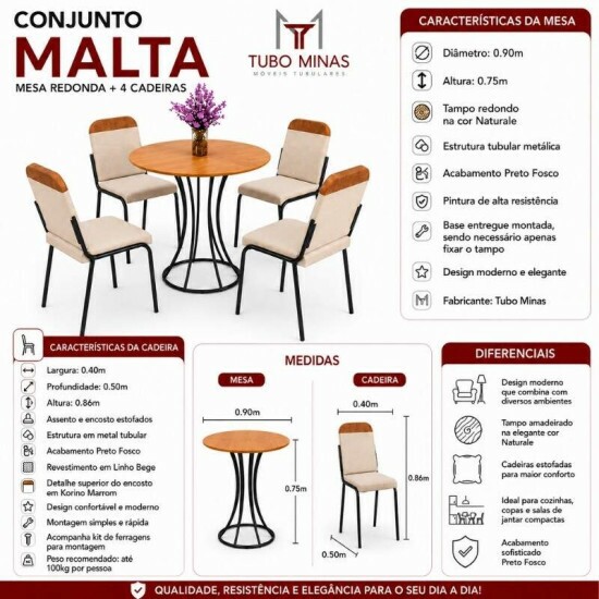 Conjunto Mesa Malta Redonda 90x90 Naturale Base �nix Preto Fosco + 4 Cadeiras Malta Bege - Tubo Minas
