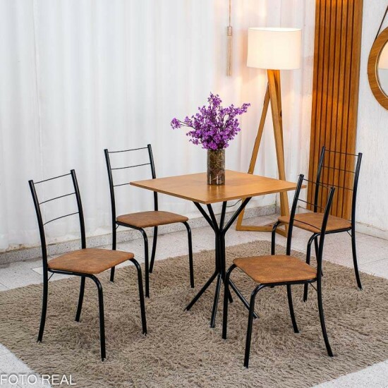 Conjunto Mesa Belize Quadrada 68x68 Naturale Base �rion Preto Fosco + 4 Cadeiras Belize Korino Marrom - Tubo Minas