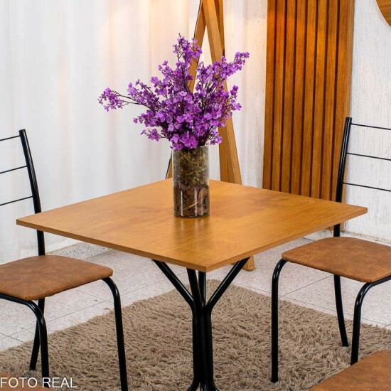 Conjunto Mesa Belize Quadrada 68x68 Naturale Base �rion Preto Fosco + 4 Cadeiras Belize Korino Marrom - Tubo Minas