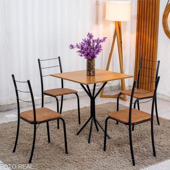 Conjunto Mesa Belize Quadrada 68x68 Naturale Base �rion Preto Fosco + 4 Cadeiras Belize Korino Marrom - Tubo Minas