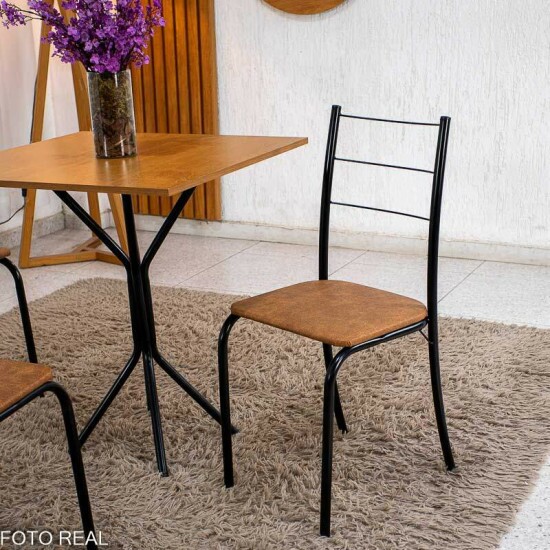Conjunto Mesa Belize Quadrada 68x68 Naturale Base �rion Preto Fosco + 4 Cadeiras Belize Korino Marrom - Tubo Minas