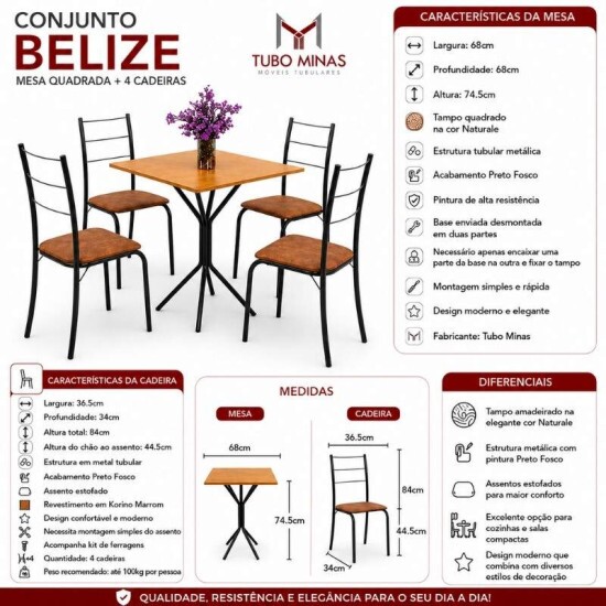 Conjunto Mesa Belize Quadrada 68x68 Naturale Base �rion Preto Fosco + 4 Cadeiras Belize Korino Marrom - Tubo Minas