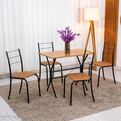 Mesa de Cozinha Belize Tampo MDF 90x58 Naturale Base Nexus Preto Fosco + 4 Cadeiras Belize Korino Marrom | Tubo Minas