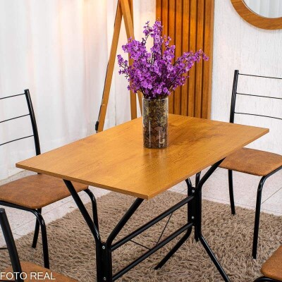 Mesa de Cozinha Belize Tampo MDF 90x58 Naturale Base Nexus Preto Fosco + 4 Cadeiras Belize Korino Marrom | Tubo Minas