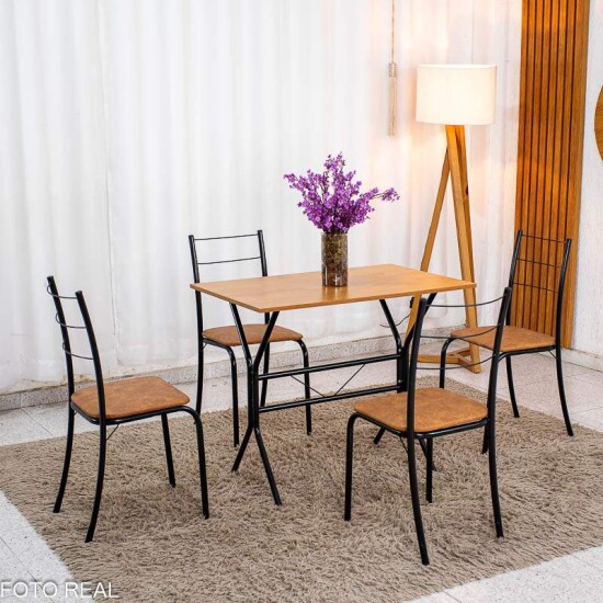 Mesa de Cozinha Belize Tampo MDF 90x58 Naturale Base Nexus Preto Fosco + 4 Cadeiras Belize Korino Marrom | Tubo Minas