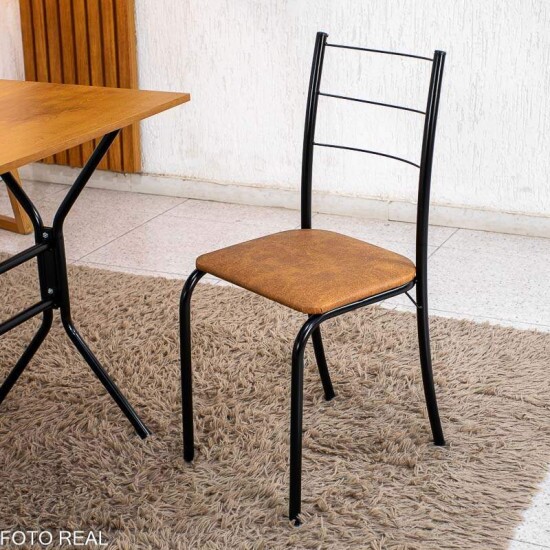 Mesa de Cozinha Belize Tampo MDF 90x58 Naturale Base Nexus Preto Fosco + 4 Cadeiras Belize Korino Marrom | Tubo Minas