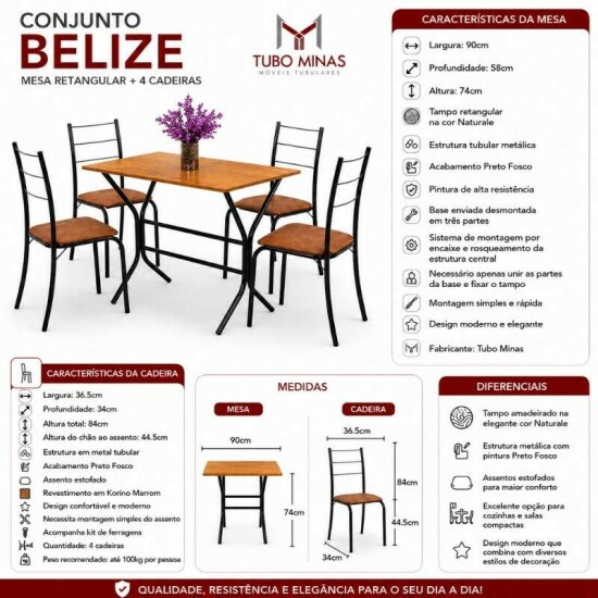 Mesa de Cozinha Belize Tampo MDF 90x58 Naturale Base Nexus Preto Fosco + 4 Cadeiras Belize Korino Marrom | Tubo Minas