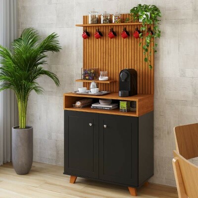 Cantinho do Caf� Star Larg. 0.77m Preto/Nature C/Detalhe Ripado em Impress�o 3D - JA M�veis