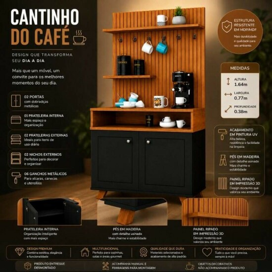 Cantinho do Caf� Star Larg. 0.77m Preto/Nature C/Detalhe Ripado em Impress�o 3D - JA M�veis