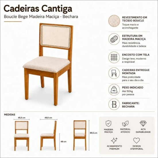 Caixa 2 Cadeiras Cantiga Boucle Bege Madeira Maci�a - Bechara