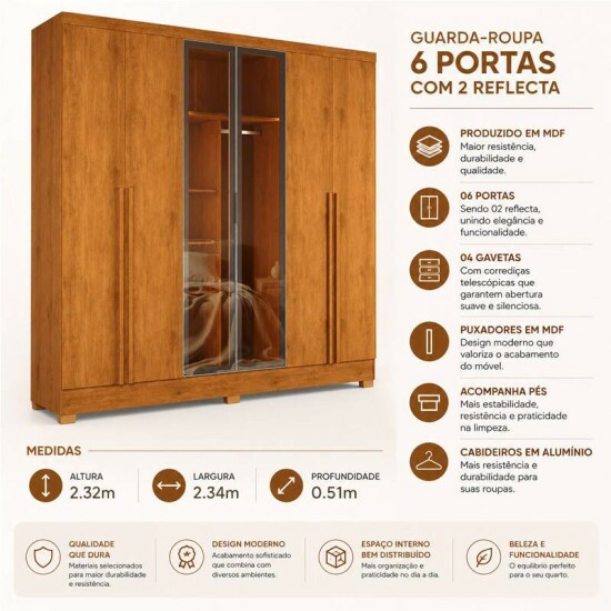 Guarda-roupa Casal 2,34m Memphis Nature 6 Portas 4 Gavetas com 2 Portas Reflecta com LED - J&A M�veis
