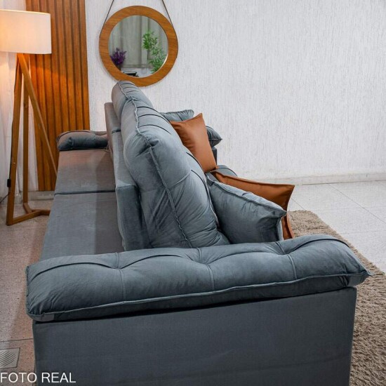Sof� Retr�til Reclin�vel Verona 2,50m Veludo Cinza - Molas Ensacadas