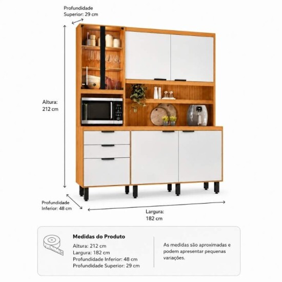 Kit Cozinha Murano Larg. 1.82m Freij�/Off White 7 Portas 2 Gavetas e Ilumina��o em LED - Poliman