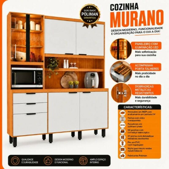 Kit Cozinha Murano Larg. 1.82m Freij�/Off White 7 Portas 2 Gavetas e Ilumina��o em LED - Poliman