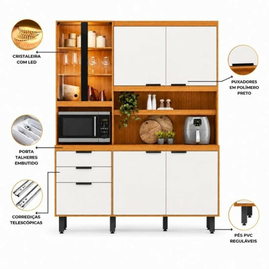 Kit Cozinha Murano Larg. 1.82m Freij�/Off White 7 Portas 2 Gavetas e Ilumina��o em LED - Poliman