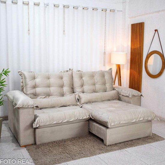 Sof� Retr�til Reclin�vel Maldivas 2.50m Veludo Bege A32