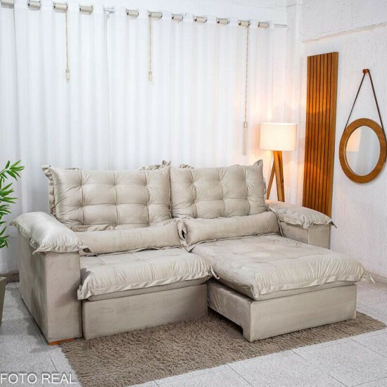 Sof� Retr�til Reclin�vel Maldivas 2.30m Veludo Bege A32