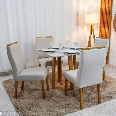 Mesa de Jantar Bali 90x90 Vidro Off/Base Madeira - Minas Plac + 4 Cad. Lisboa Veludo Bege 512 Madeira Art Assento - Entregue Montada