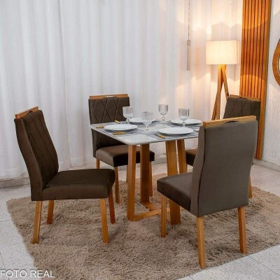 Mesa de Jantar Bali 90x90 Vidro Off/Base Madeira - Minas Plac + 4 Cad. Lisboa Veludo Marrom 509 Madeira Art Assento - Entregue Montada