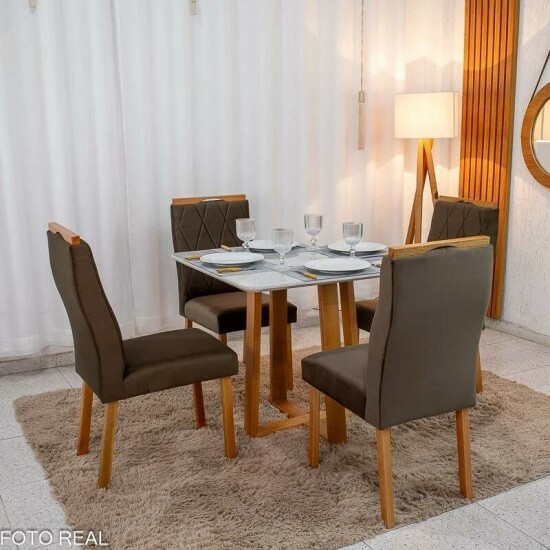Mesa de Jantar Bali 90x90 Vidro Off/Base Madeira - Minas Plac + 4 Cad. Lisboa Veludo Marrom 509 Madeira Art Assento - Entregue Montada