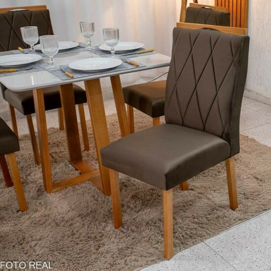 Mesa de Jantar Bali 90x90 Vidro Off/Base Madeira - Minas Plac + 4 Cad. Lisboa Veludo Marrom 509 Madeira Art Assento - Entregue Montada