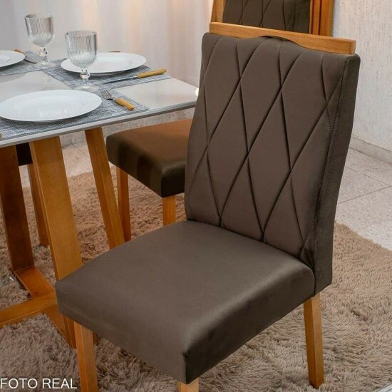 Mesa de Jantar Bali 90x90 Vidro Off/Base Madeira - Minas Plac + 4 Cad. Lisboa Veludo Marrom 509 Madeira Art Assento - Entregue Montada