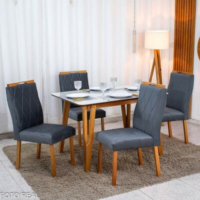 Mesa de Jantar Siena 120x90 Vidro Off Base Madeira + 4 Cadeiras Lisboa Veludo Cinza 507 Art Assento - Entregue Montada