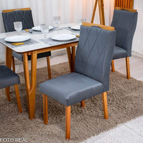Mesa de Jantar Siena 120x90 Vidro Off Base Madeira + 4 Cadeiras Lisboa Veludo Cinza 507 Art Assento - Entregue Montada