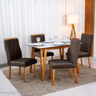 Mesa de Jantar Siena 120x90 Vidro Off/Base Madeira + 4 Cad. Lisboa Veludo Marrom 509 Madeira Entregue Montada - Art Assento