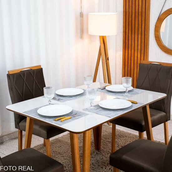 Mesa de Jantar Siena 120x90 Vidro Off/Base Madeira + 4 Cad. Lisboa Veludo Marrom 509 Madeira Entregue Montada - Art Assento