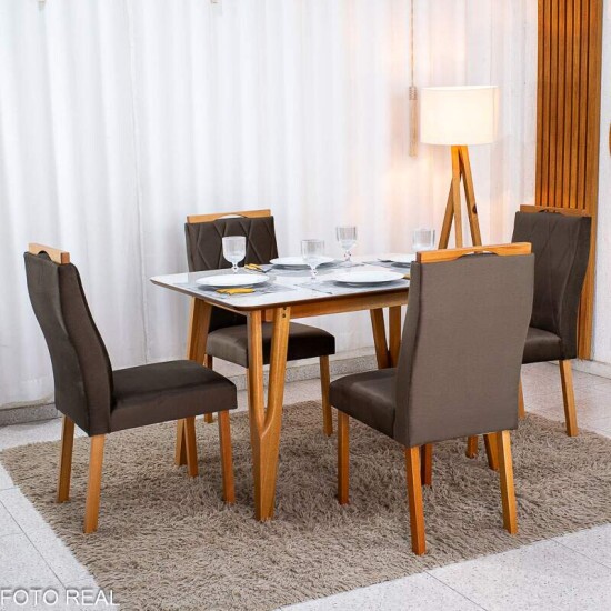 Mesa de Jantar Siena 120x90 Vidro Off/Base Madeira + 4 Cad. Lisboa Veludo Marrom 509 Madeira Entregue Montada - Art Assento