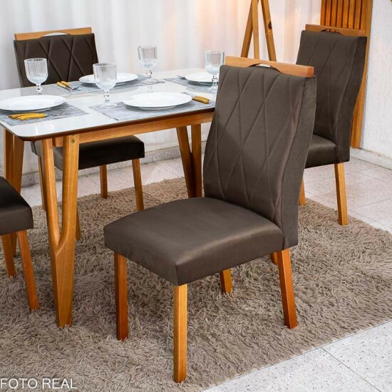 Mesa de Jantar Siena 120x90 Vidro Off/Base Madeira + 4 Cad. Lisboa Veludo Marrom 509 Madeira Entregue Montada - Art Assento