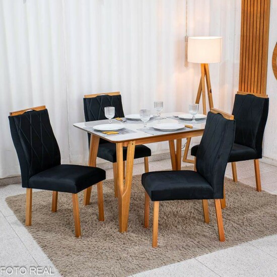 Mesa de Jantar Siena 120x90 Vidro Off/Base Madeira + 4 Cad. Lisboa Veludo Preto 504 Madeira Entregue Montada - Art Assento