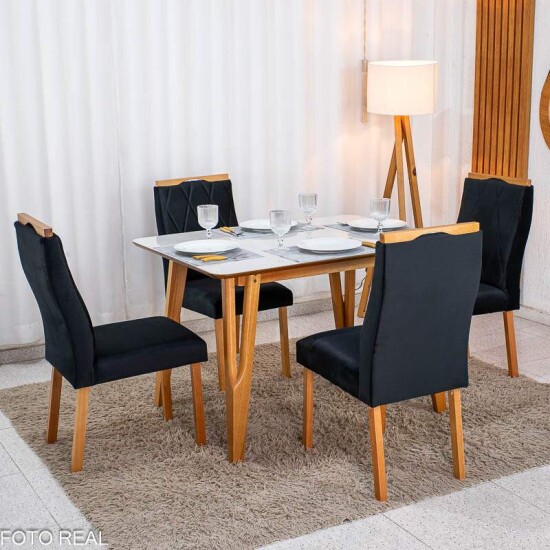 Mesa de Jantar Siena 120x90 Vidro Off/Base Madeira + 4 Cad. Lisboa Veludo Preto 504 Madeira Entregue Montada - Art Assento