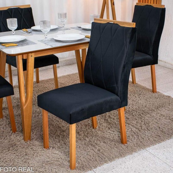 Mesa de Jantar Siena 120x90 Vidro Off/Base Madeira + 4 Cad. Lisboa Veludo Preto 504 Madeira Entregue Montada - Art Assento