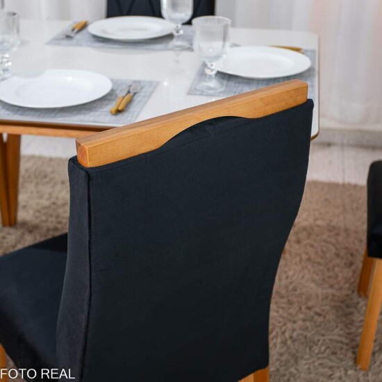 Mesa de Jantar Siena 120x90 Vidro Off/Base Madeira + 4 Cad. Lisboa Veludo Preto 504 Madeira Entregue Montada - Art Assento