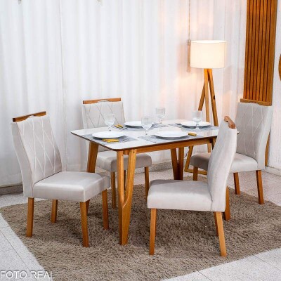 Mesa de Jantar Siena 120x90 Vidro Off Base Madeira + 4 Cadeiras Lisboa Veludo Bege 512 Art Assento - Entregue Montada