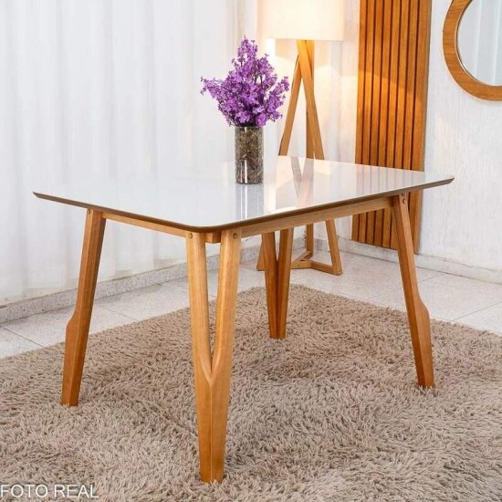 Mesa de Jantar Siena 120x90 Vidro Off/Base Madeira + 4 Cad. Lisboa Veludo Bege 512 Madeira Entregue Montada - Art Assento