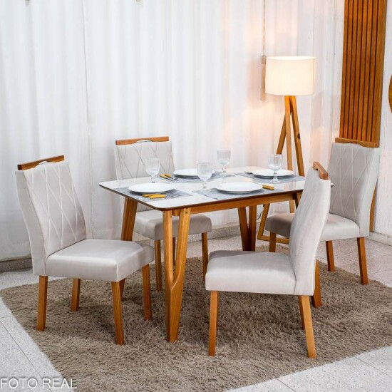 Mesa de Jantar Siena 120x90 Vidro Off/Base Madeira + 4 Cad. Lisboa Veludo Bege 512 Madeira Entregue Montada - Art Assento