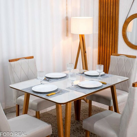 Mesa de Jantar Siena 120x90 Vidro Off/Base Madeira + 4 Cad. Lisboa Veludo Bege 512 Madeira Entregue Montada - Art Assento