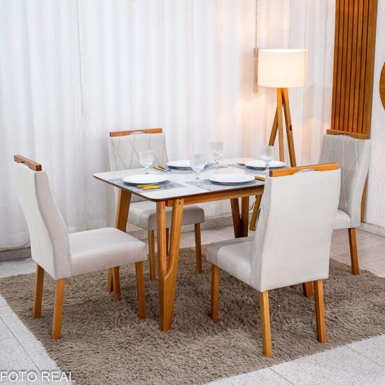 Mesa de Jantar Siena 120x90 Vidro Off/Base Madeira + 4 Cad. Lisboa Veludo Bege 512 Madeira Entregue Montada - Art Assento