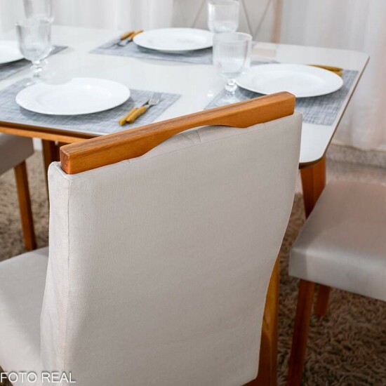 Mesa de Jantar Siena 120x90 Vidro Off/Base Madeira + 4 Cad. Lisboa Veludo Bege 512 Madeira Entregue Montada - Art Assento
