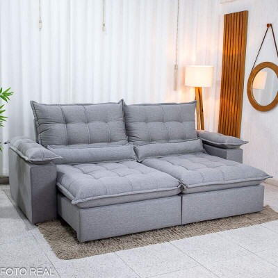 Sof� Retr�til Reclin�vel Zara 2.50m Linho Cinza 1008 - Molas Ensacadas