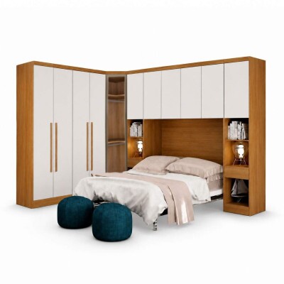 Modulado Queen Cumaru/Fendi Fosco 1 Guarda-Roupa Rizon New 4 Pts + 2 Criado Rizon + 1 Canto Obl�quo Rizon C/Porta de Vidro + 1 A�reo 4 portas Rizon - Novo Horizonte