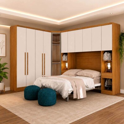 Modulado Queen Cumaru/Fendi Fosco 1 Guarda-Roupa Rizon New 4 Pts + 2 Criado Rizon + 1 Canto Obl�quo Rizon C/Porta de Vidro + 1 A�reo 4 portas Rizon - Novo Horizonte
