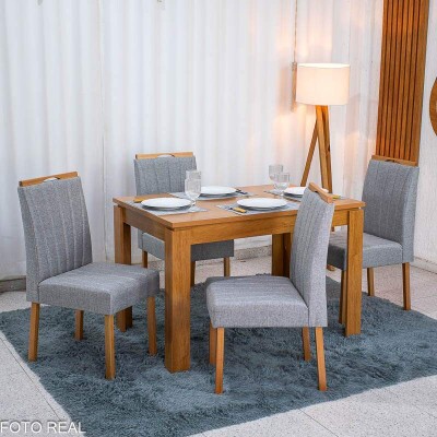 Mesa Athenas 120x80 Am�ndoa Clean Tampo Maci�o - M�veis Lopas + 4 Cad. Gabi Linho Cinza A Claro Madeira Maci�a Entregue Montada - Bom Lar