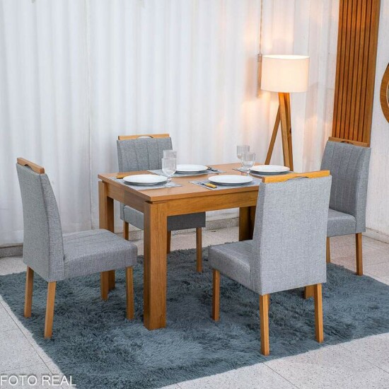 Mesa Athenas 120x80 Am�ndoa Clean Tampo Maci�o - M�veis Lopas + 4 Cad. Gabi Linho Cinza A Claro Madeira Maci�a Entregue Montada - Bom Lar
