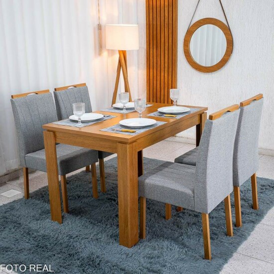Mesa Athenas 120x80 Am�ndoa Clean Tampo Maci�o - M�veis Lopas + 4 Cad. Gabi Linho Cinza A Claro Madeira Maci�a Entregue Montada - Bom Lar