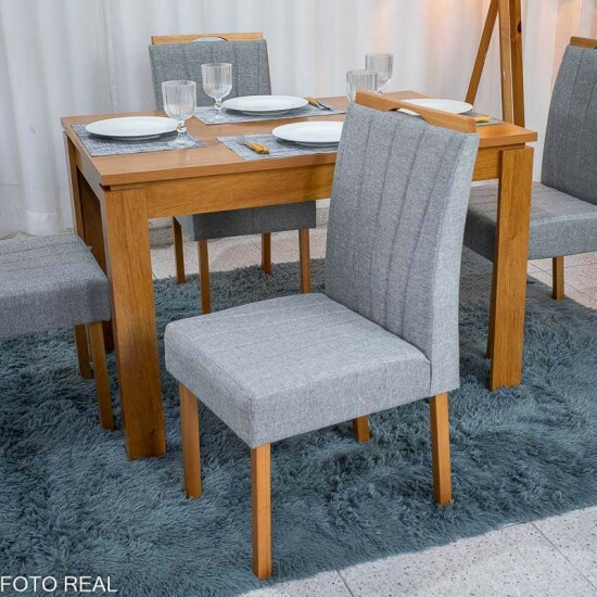 Mesa Athenas 120x80 Am�ndoa Clean Tampo Maci�o - M�veis Lopas + 4 Cad. Gabi Linho Cinza A Claro Madeira Maci�a Entregue Montada - Bom Lar